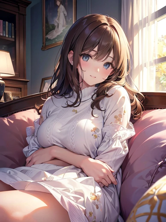 DETAILED, DENSE, MASTERPIECE, one girl, beautiful, wearing white cardigan, one girl lying on bed with blanket, brown hair, 22 years old, smooth skin, glowing skin, glowing hair, clear eyes, glowing eyes, brown eyes, soft lips, pale pink lips, (viewer Looking down: 0. 8) smiling slightly, cheeks stained, shy, mouth open, bangs, white sleeves, white clothing, one girl, soft skin, large breasts, glowing skin, cinematic lighting, rich lighting, room lighting, simple gold necklace, diamond necklace, white Lace bra, white lace panties, white lace underwear, high angle, low angle, (Masterpiece: 1.0), (Realistic: 1.6), (Soft Focus: 1.5)