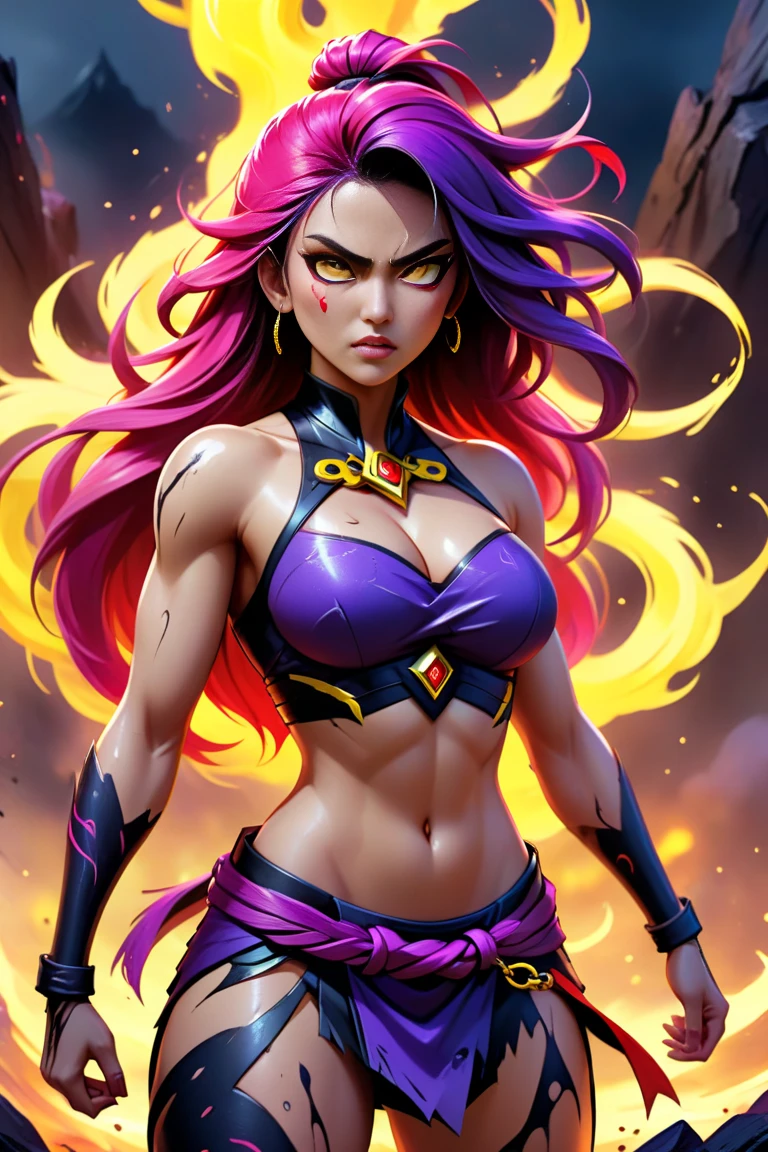 Fuego estelar,long brown hair,ojos verdes,desde abajo,Cabello brillante,Purple crop top,Ropa interior morada,ombligo,Guantes morados,Recorte de escote,
solamente,Parte superior del cuerpo,flotante,ombligo,
Noche,gothic city,
(Stunningly Detailed, Hermosa cara detallada, Obra maestra, La mejor calidad),
