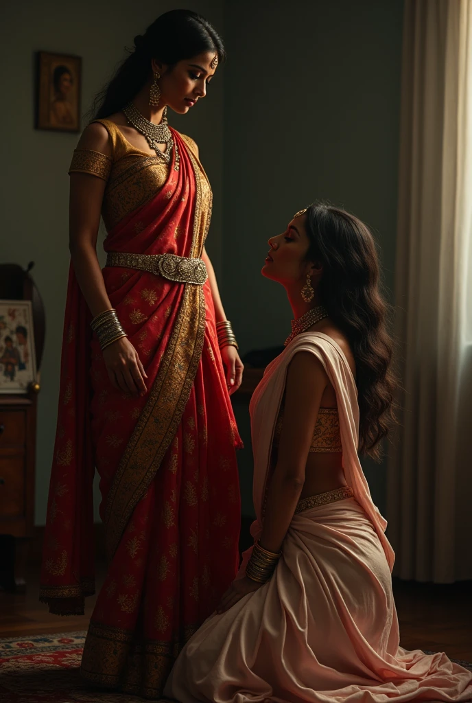 Beautiful and Slim Indian woman Aishwarya Rai in black blouse red silk saree , lifting a large chubby man above her shoulders, man is sitting on woman's shoulders, natural smile, in a bedroom with high ceiling at night