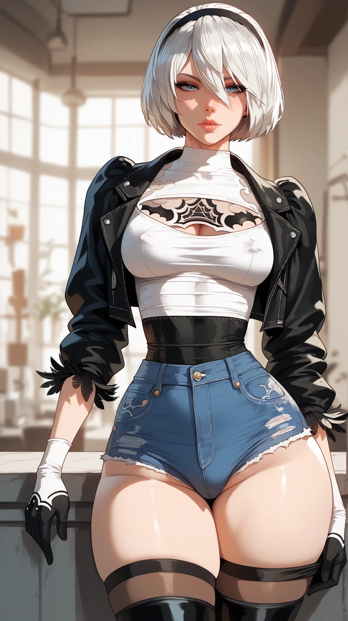 （high waisted jeans），（short detailed hair），legs are open，A plump chest，Plain face，younger female，Panoramic view，Proportionally accurate，Best Picture Quality，Exquisite details，4K。
