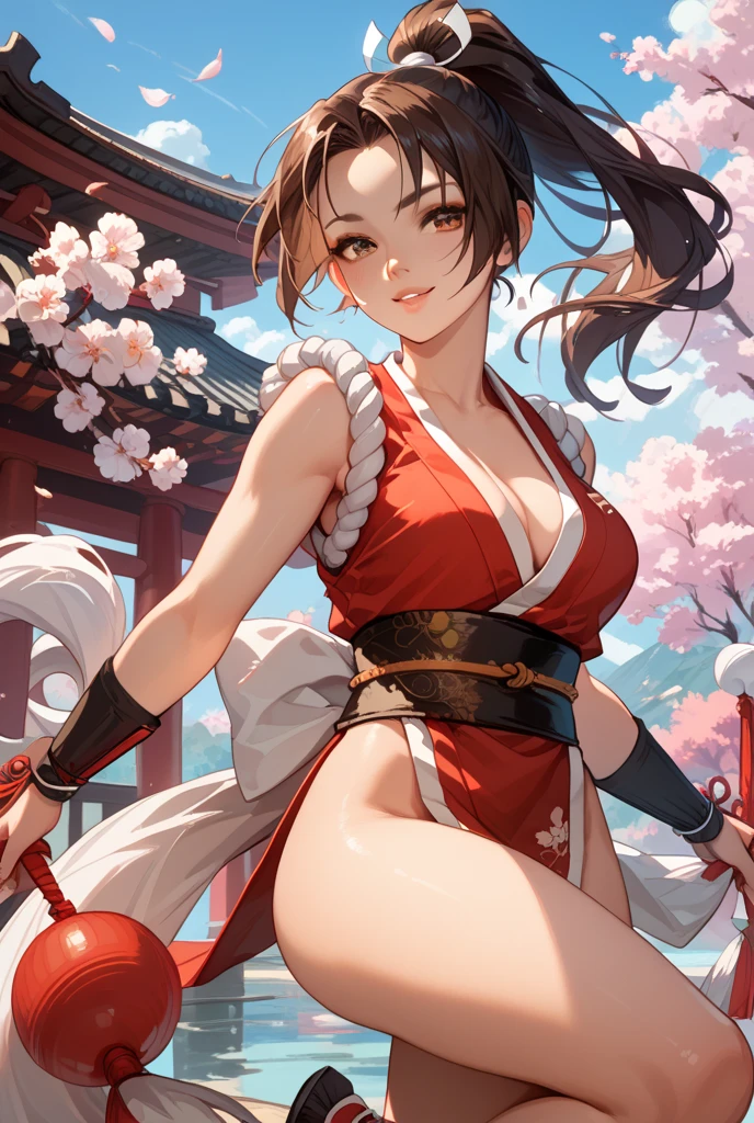 Japanese Beauty,Cherry Blossoms,Petals are just beginning to fall, In a park rich in nature、plant, (((Sexy姿势的杰作))), ((best quality)), ((complicated)), ((Surrealism)), Mature woman, Mature woman, , Very detailed, shape, mai Shiranui, ((Huge breasts)), Perfect hands, Finger details, beautiful eyes, ponytail,Brown eyes, (mai Shiranui suits:1.2), earrings, Long detailed background, Perfect eyes, Charming eyes, Looking at the audience, Rosy cheeks,Sexy,Cleavage,cute,Smile,beauty,Breast close-up,beauty的乳房,Osaka Castle,Japanese Shrines