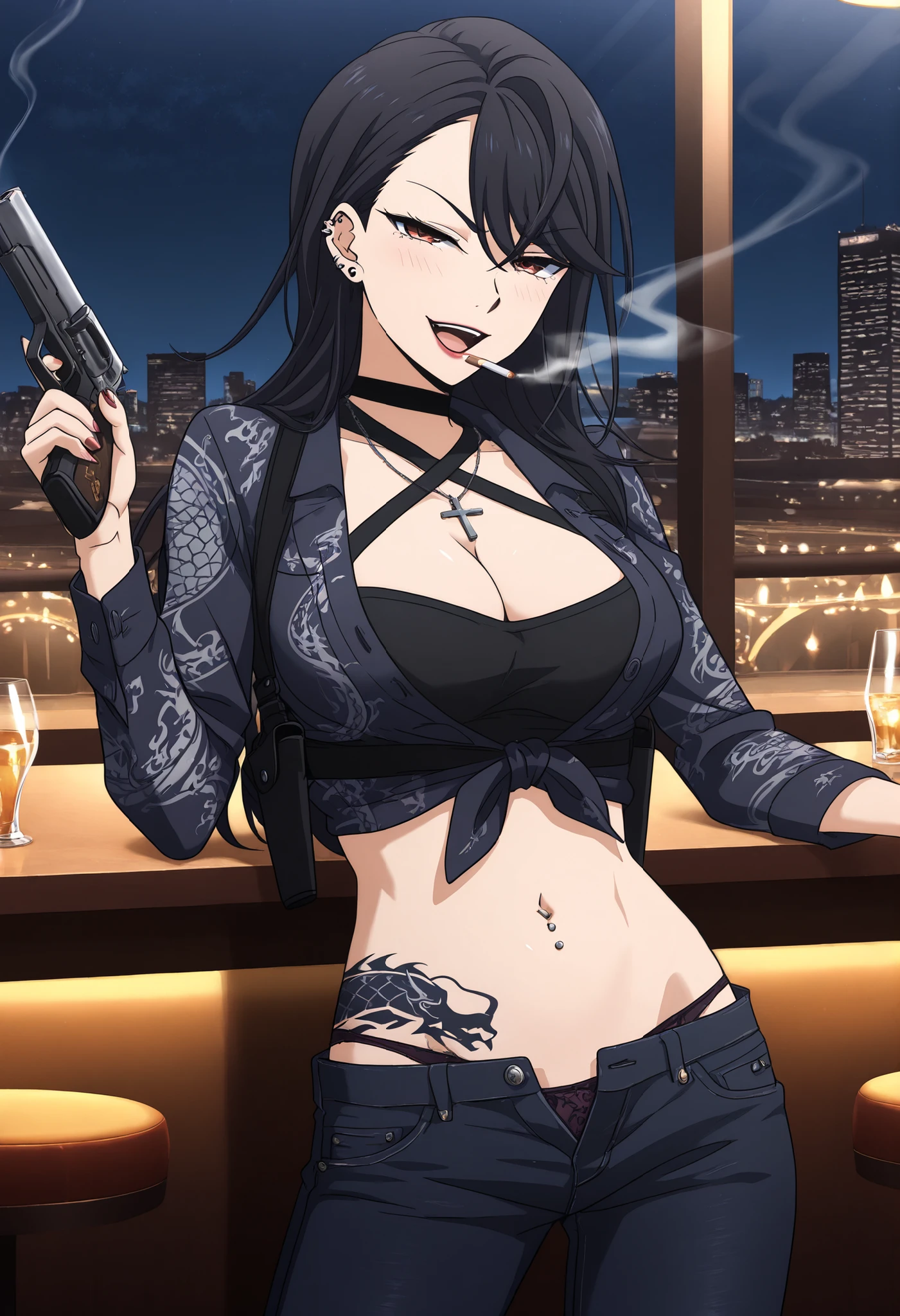 nagisa, long hair, blush, lipstick, jewelry, earrings, big breast, tattoo, Hot girl, baddie, staring, glaring, bad attitude, mean girl, dare, angry, hate, crazy, smoking, sensual, attractive , blush, lipstick, outdoors, rooftop, cityscape, building, railing, night, night sky, scenery, , city lights, masterpiece, best quality, highly detailed, a girls with a gun, open mouth, blazer, sexy gaze, (nsfw) not
safe for work, badass pose , evil smile, smile, black bra, anime girl with long hair, long haired girl,
navel, evil expression, exposed belly, exposed navel, exposed midriff, exposed lower belly, micro
miniskirt, micro pencil skirt, pencil skirt ,holding a gun, navel piercing