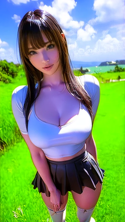 Very beautiful woman, Highly detailed eyes, Highly detailed face, Highly detailed lips, Super detailed everything, Attractive woman, Black Choker, blue eyes, Very long eyelashes, bangs, Big Breasts, highest quality, masterpiece, ((Slim face)), Japanese actress, ((High nose)), ((Mountain Girl)), Happy atmosphere, , ((forest, Deep in the mountains)), mini skirt, ((Work clothes)),Herb clusters
