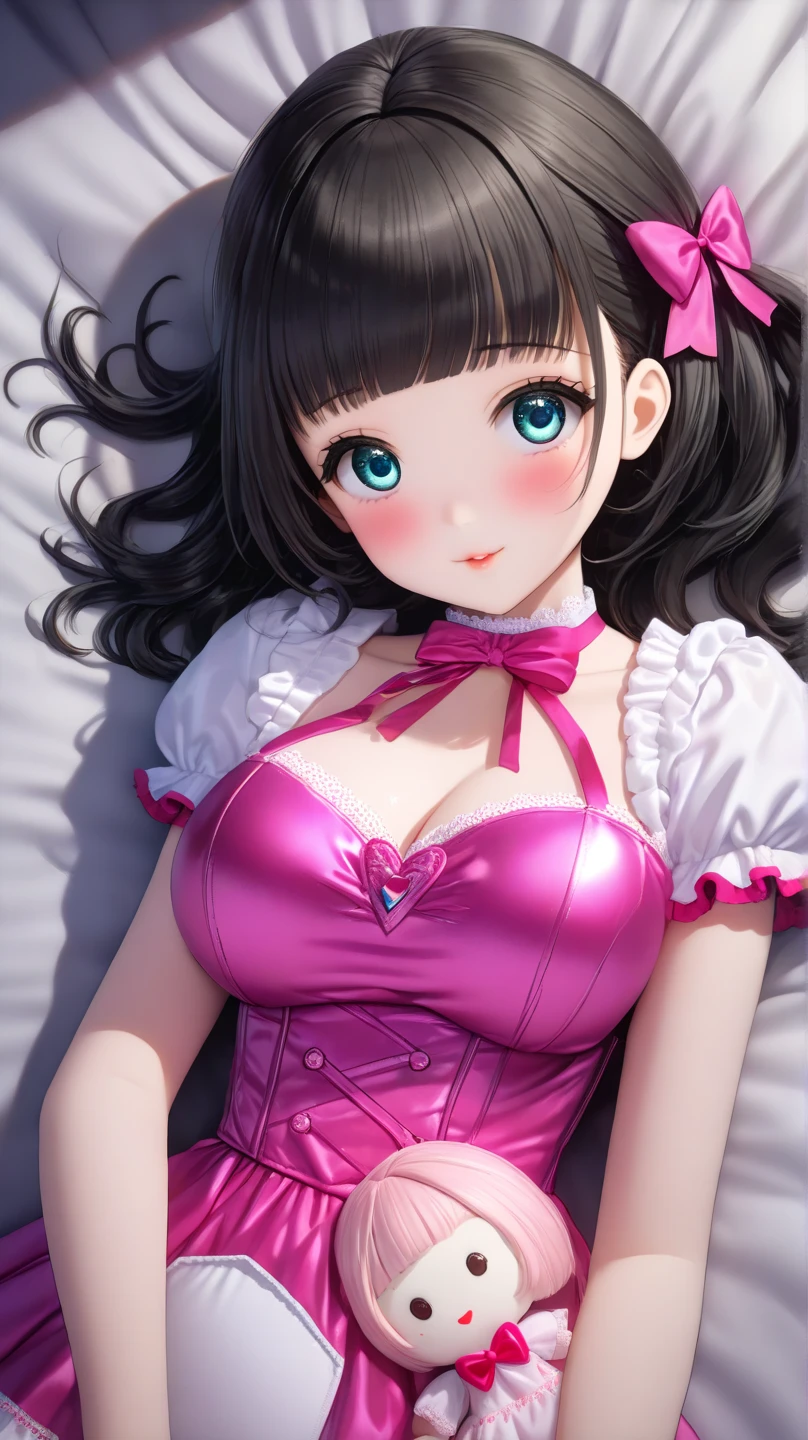 Highest quality、Delicate、high school girl Cute beautiful girl Anime Style Black hair twin tails Cute hair accessories A beautiful room in an apartment Lie down on the bed Pink and white frilly maid outfit Shoulder Bare Belly button Cleavage White fishnet stockings looking at the camera Embarrassed expression Blushing cheeks