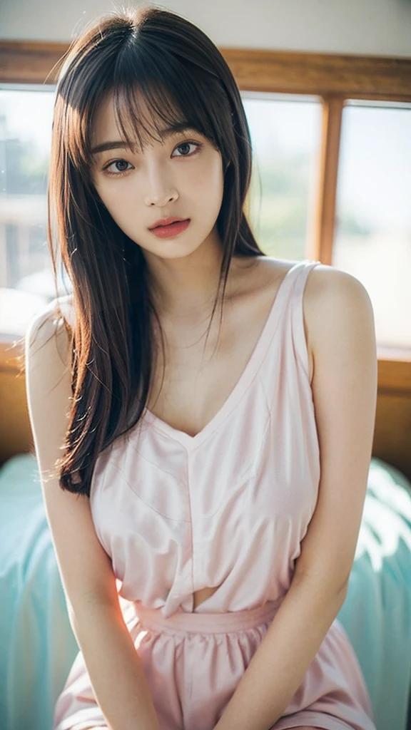 masterpiece、highest quality、16K、ultra high resolution、UHD,Depth of the bounds written、very detailed、soft light、professional lighting、Pale shading、Weak contrast、Japanese、beautiful girl、slender woman、Smooth, silky skin、clear white skin、daytime office、Window seat、sitting in front of the computer、A tight, pale mint green knit dress that hugs her breasts、(smooth and beautiful thighs:1.6)、(small breast:1.0)、flat chest、Childlike breasts、small areola、small nipples、beautiful nipples、Cherry-colored nipples、white breast、fine and beautiful eyes、(hanging eyes)、(thin eyebrows:1.8)、(thin lips:1.8)、natural makeup、natural color lip、gentle smile、(floating hair、long wavy hair、high ponytail),(The bangs are see-through bangs)、