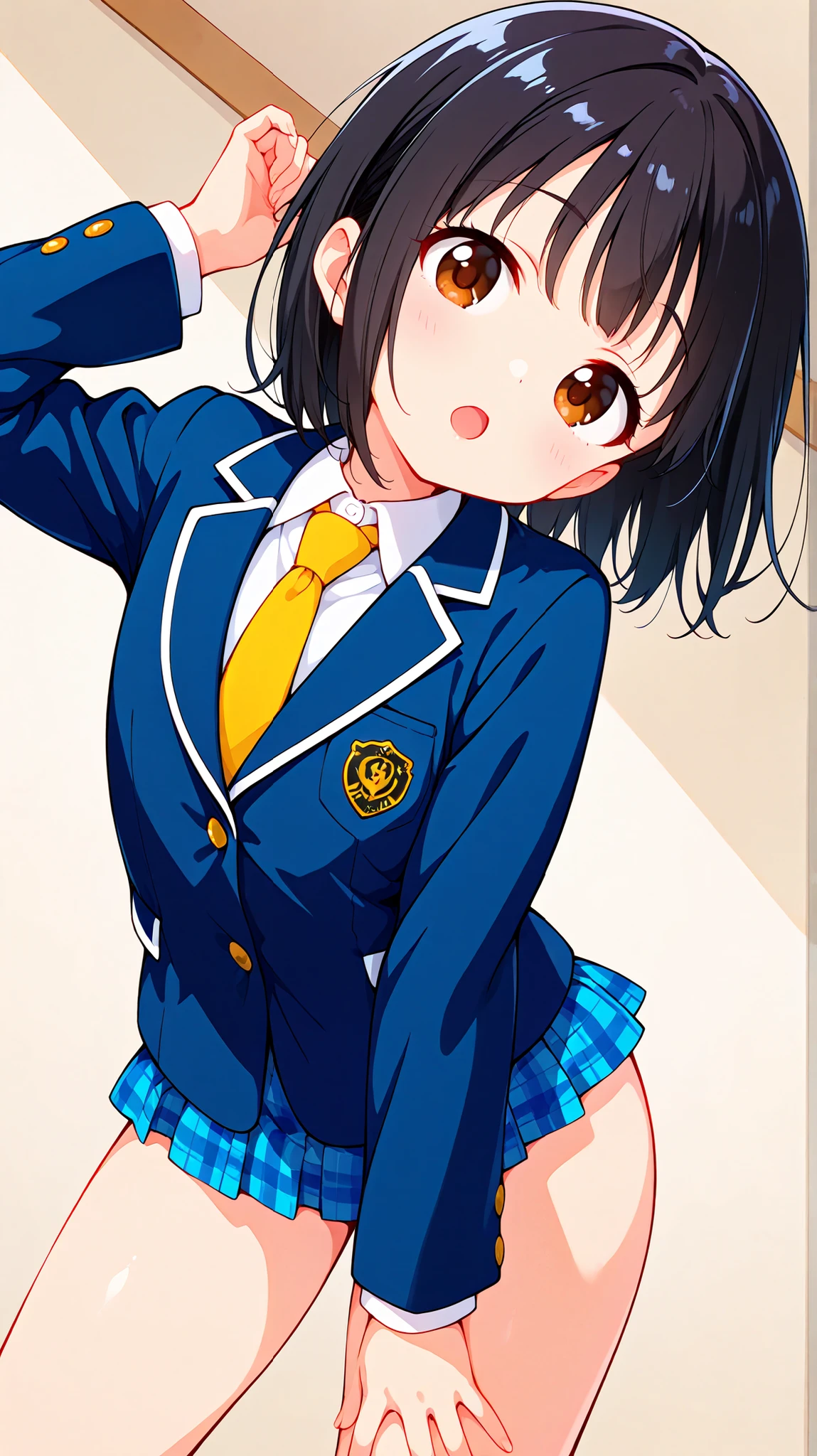 nsfw,((anime style)),score_9, score_8_up, score_7_up,masterpiece, best quality,ultra detail,
negishi masako ,
1girl , ((solo)),
short hair,black hair,brown eyes,round eyes,long bangs,(Flat Chest),
school uniform,(((blue blazer))),light blue checkered Pleated mini skirt,((((mini skirt)))), Yellow necktie,(((black sox))),
,((open mouth)),
,((A glimpse of her thin thighs)) ,
(contrapposto),((focus on face)),(head tilt), posing,((low angle))