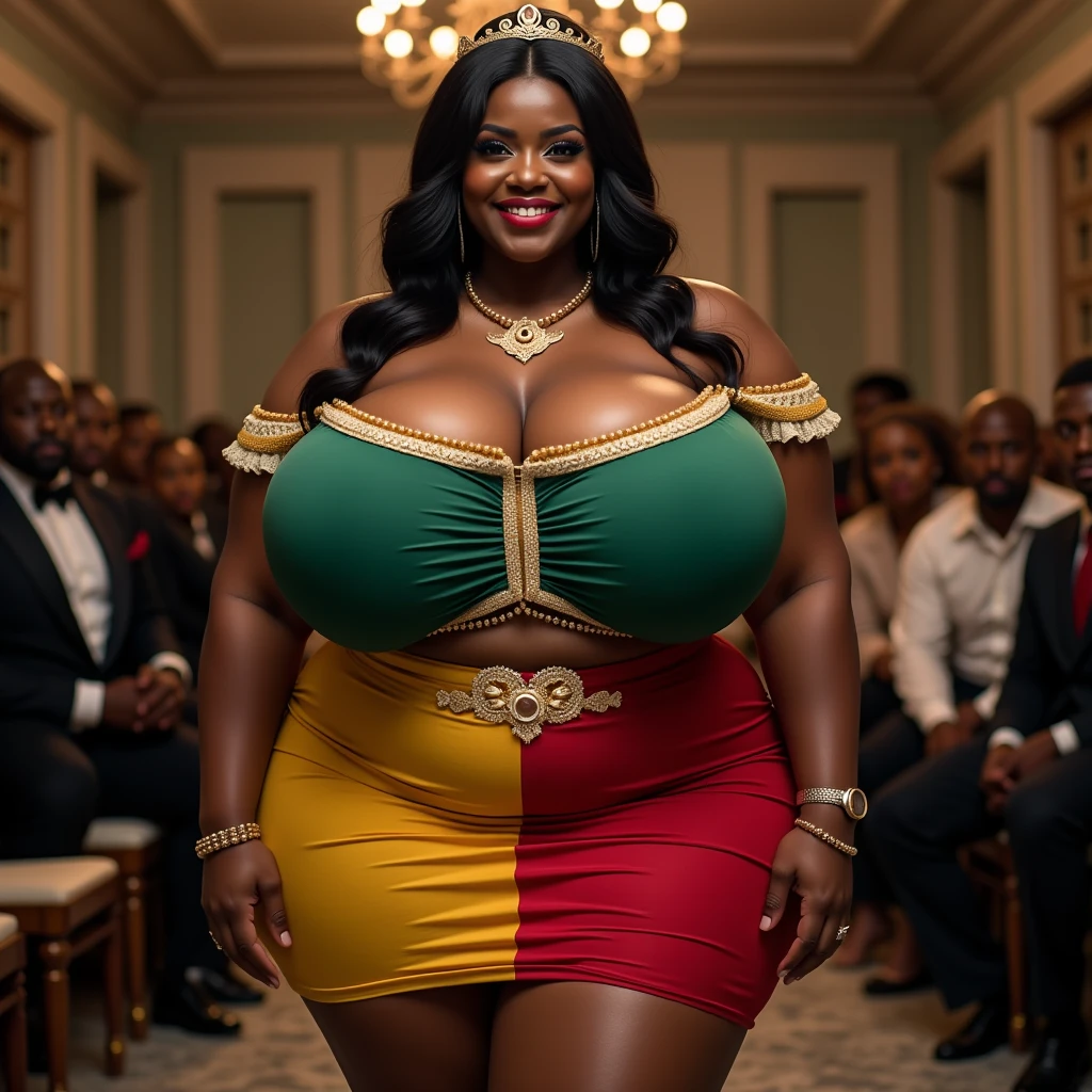 at a crowded banquet hall gala, a fat chubby ebony black girl, curvy body type, wearing hot pink off the shoulder dress with white lace trim, sexy and glamorous, sweet smile, fake eyelashes, mascara, pink lips, huge tits,