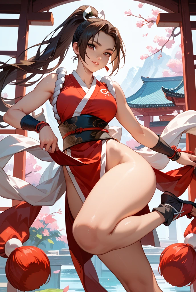 (No bra、No underwear)、China dress、Do a high kick towards me、Perform an upper kick、Bun Hair、Angry face、Underboob、Chinese boxing、(((Not wearing panties、I can see the pussy、Wet pussy、Side view、Erect nipples、