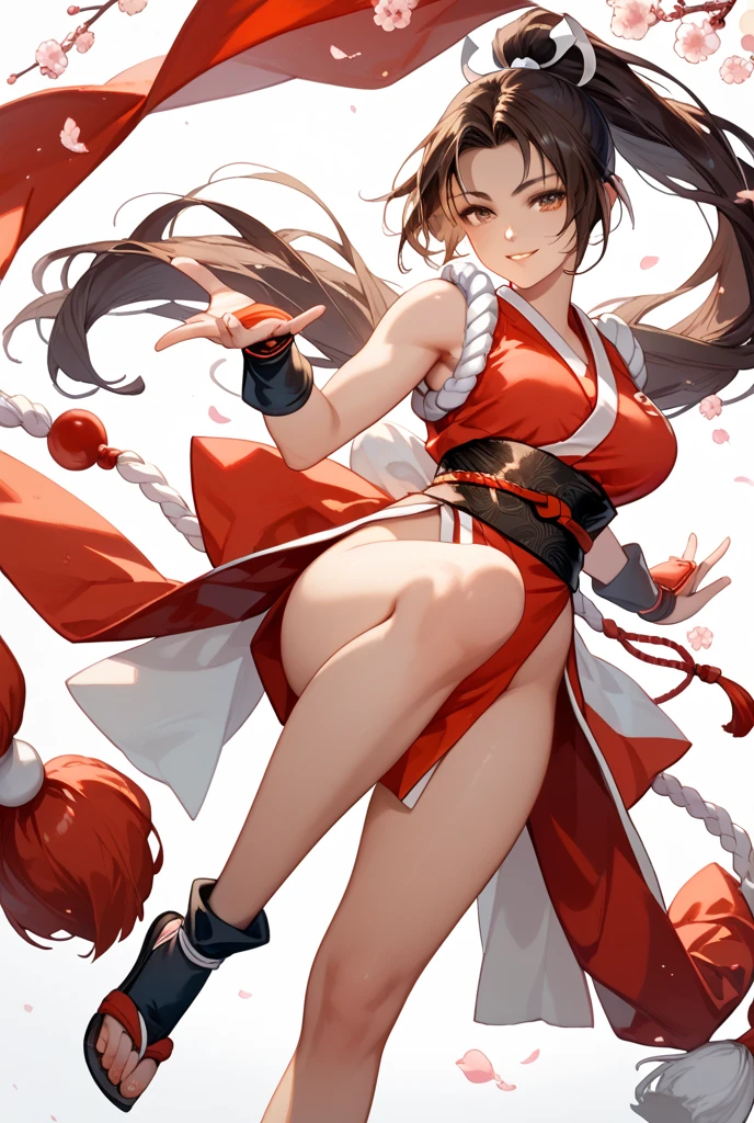 masterpiece, best quality, 1girl, solo, thighhighs, chinese-clothes, gloves, very-long-hair, dress, hair-bun, twintails, china-dress, red-dress, double-bun, black-thighhighs, brown-hair, brown-eyes, full-body, red-footwear, pelvic-curtain, looking-at-viewer, bandages, blush, standing, breasts, bangs, armlet, sleeveless, fighting-stance, sleeveless-dress, brown-gloves, bare-shoulders, v-shaped-eyebrows, bandaged-arm, side-slit, leg-up, medium-breasts, gradient-hair, boots, ankle-boots, floating-hair, closed-mouth, simple-background, hand-up, blunt-bangs, sash