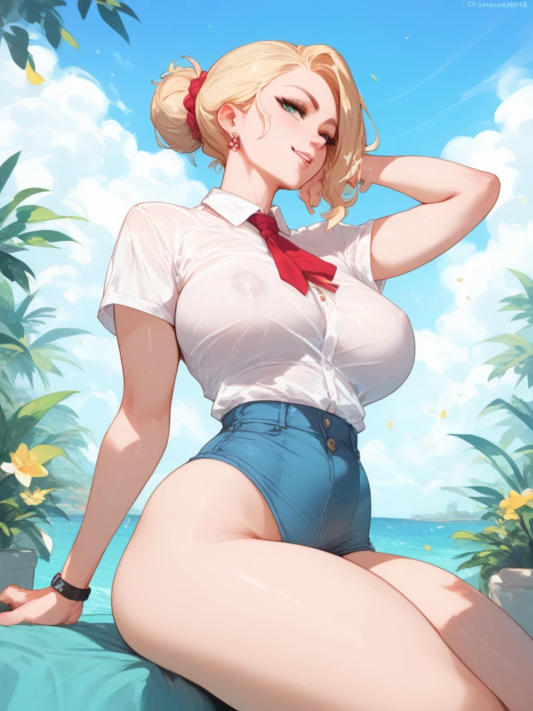 beautiful, masterpiece, best quality, extremely detailed face, perfect lighting, masterpiece, best quality, 1girl, blush, blue eyes, white hair, long hair, ponytail, buruma, sports bra, sportswears, grin, one eyes closed, large breasts, standing, leg up, garden, looking at viewer, full body, high heels