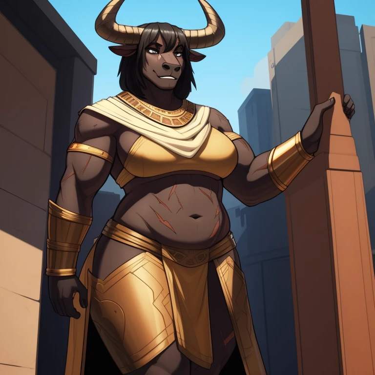 Tall_muscular_minotaur slighty_chubby female black_hair dark_brown_furry_body gray_eyes scars solo Masterpiece best_quality absurdres highly_detailed cleanly_drawn_eyes anthro_only by_claweddrip, by_greasymojo, by_underscore-b, by_runawaystride navy_blue_bandeau navy_blue_loincloth bronze_bracers bronze_greaves bronze_gorget