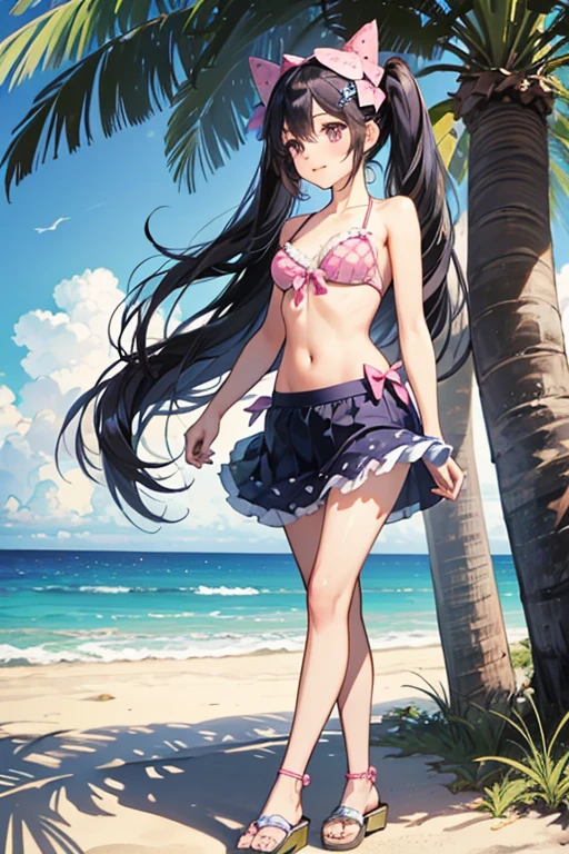 masterpiece, best quality, high quality, extremely detailed, very delicate and beautiful, (1 female 18 years old solo:1.5), (long black hair up to waist with two side up:1.5), bangs to eyebrows, eyes (eyes sharp, strong glossy glossy eyes, eyebrows glossy, (eye color magenta:1.3), 6.5 head height, (bikini swimsuit with hibiscus print:1.3), (sleeping and floating in the sea), (smiling), (dynamic pose), (background tropical sea:1.3), (blue sky:1.3)