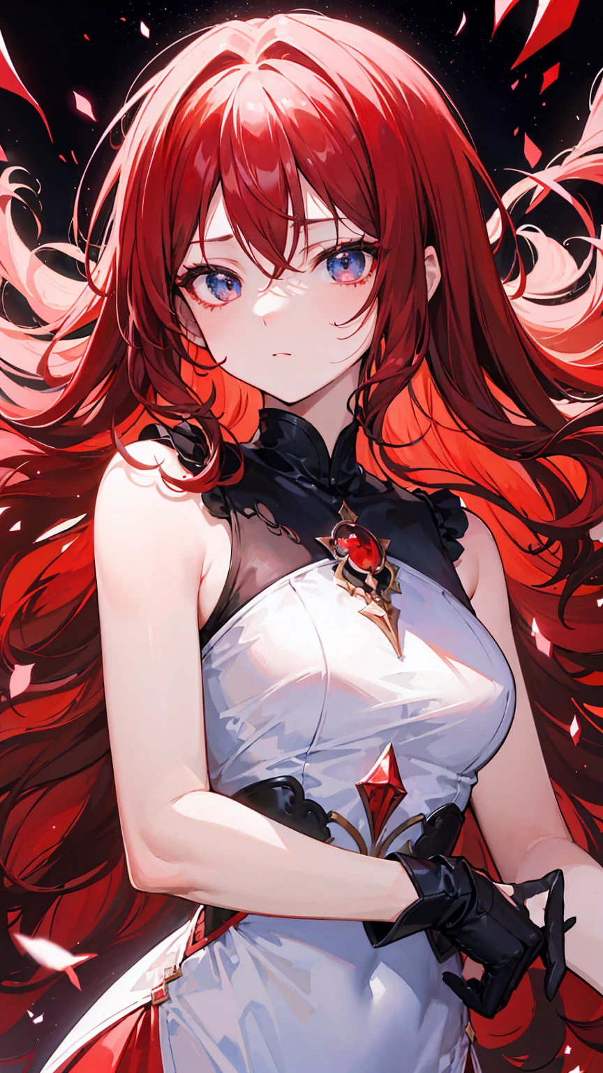 Blue pupils,Dark red and white gown,Long crimson hair,Extremely stunning,glow,super beautifulgirl