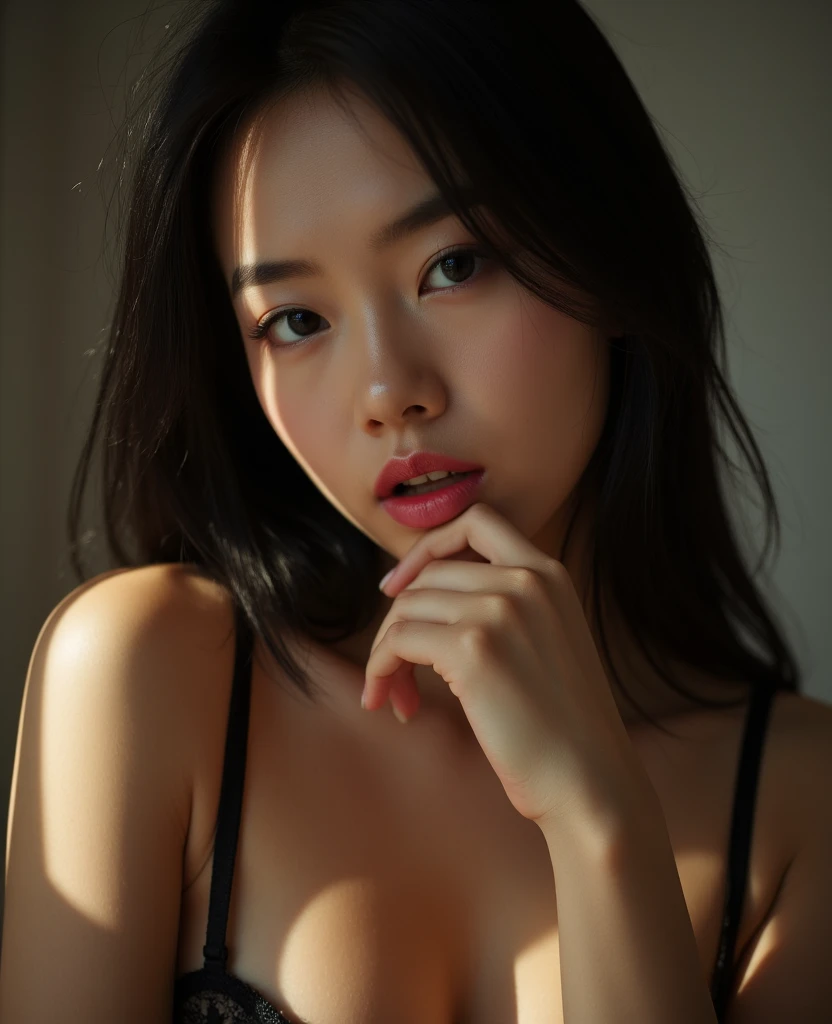 highest quality, epic realistic, ((in the pitch black darkness :1.4)), ((portrait:1.5)),(background: dark ) high contrast ,glorious picture, lowest lux, bright face, she's comfortable, ( ample cleavage ), looks incredible, (8k, Raw photo, Highest quality),(epic realistic:1.5), an adorable Indonesian woman, face,(detailed eyes:0.8),(looking at the camera:1.4), (Highest quality), ( high contrast, deep shadows),Intricate details,cinematic,((teasing pose, playboy model)), (long dark hair:1.3), straight ,(Hdr:1.5),Detailed, colors, Superior quality, Masterpiece, Raw Photo (20-year-old, looking at viewer), beautiful, (wearing strapless bra), perfect, natural, perfect composition, portrait, perfect face, soft smile, Captivating eyes, Bright details, Tight lips, (High Skin Detail),, (blue tint: 0.6), (sale: 0.8), (bloody: 0.7), Key lighting , (backlight: 0.5), Medium depth of field, Canon 5d, 50mm lens, f/4 apertures, (Ultra-detailed, Complex detail), sharp focus, soft colors, 8k, Absurd, 80mm, bokeh background, photography, neon lights background, flare