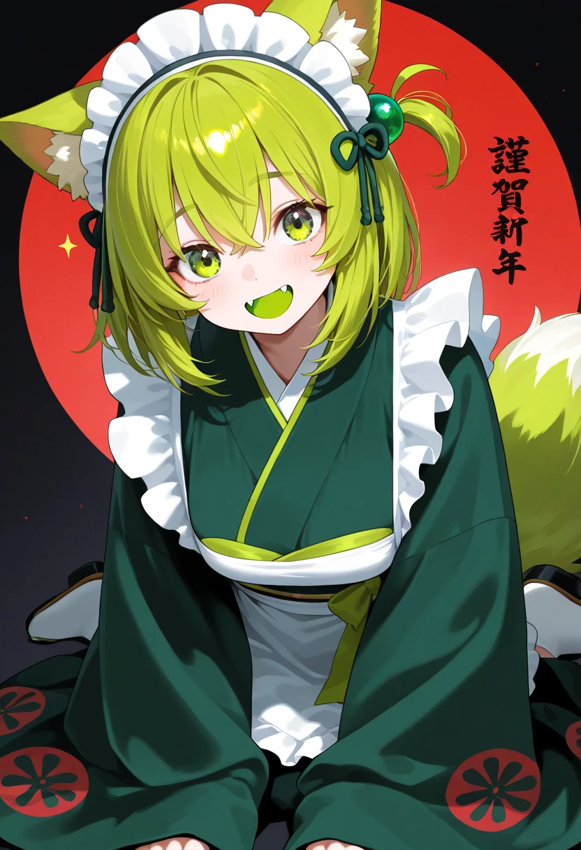 1 person,small,Cheerful face,Yellow-green hair,beautiful eyes like glass marbles,Yellow-green eyes,Red pupils,Fox ears,6 tails,White kimono,Black Hakama,a large, yellowish-green robe