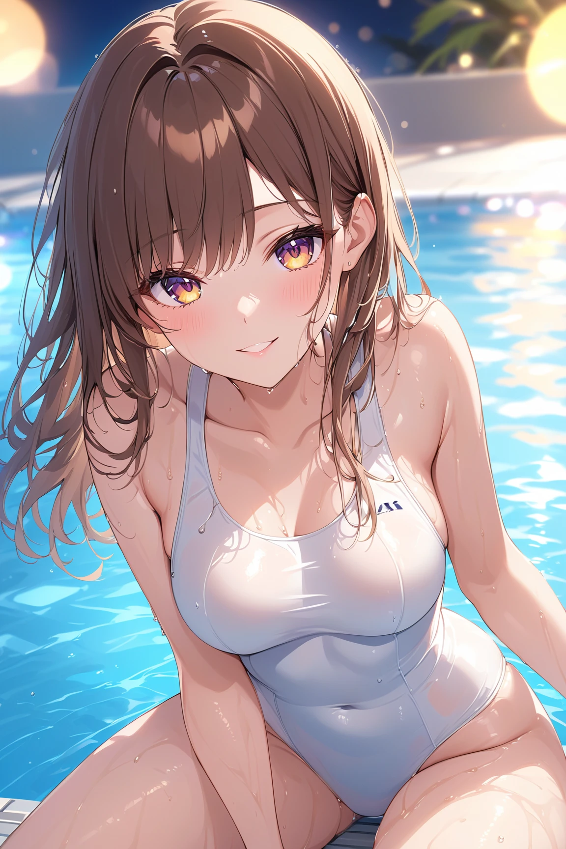 super creek \(umamusume\)、Close-up of the butt looking up from below、Get wet all over 1.5.Realistic、squat butt emphasis、13 year old girl、wearing a blue swimsuit,smile,cleavage emphasis,face reality,lips are a little red,cheeks are a little red,Sexy,pool