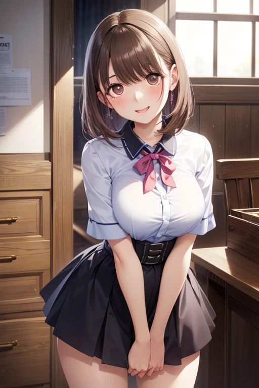 (masterpiece:1.2, highest quality), (realistic, photorealistic:1.4), beautiful illustrations, (natural side lighting, movie lighting), Depth of written boundary, Beautiful thighs looking at the viewer, (face focus, Upper body), Front view, 1 girl, English, high school girl, 15 years old, perfect face, Cute symmetrical face, shiny skin, Random Uniform、
(random hairstyles、blonde), Big eyes, long eyelashes chest), thin, tall、
beautiful hair, beautiful face, fine and beautiful eyes, beautiful clavicle, beautiful body, beautiful breasts, beautiful thighs, beautiful feet, beautiful fingers,
((fine fabric texture, Brown knitted vest, short sleeve white collar shirt, navy pleated skirt, Navy bow tie)),
(beautiful scenery), evening, (Inside the flower shop), Are standing, (smile, Upper grade, open your mouth), (((skirt lift, Panties and pantyhose are visible)))