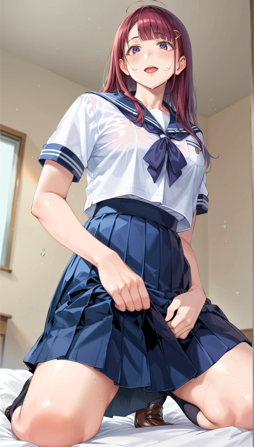 1 futanari girl:1.3, alone, Long Hair, chest, View Audience, blush, smile, Open your mouth, Brown Hair, shirt, bow, Twin tails, Brown eyes,, indoor, erection:1.3, futanari:1.4, erection,Shirai Kuroko ,Wearing a sailor uniform、Expressionless、blush、Sweaty、Big Breasts、Big cock、 girl:1.2、A penis is growing、My penis is pushing up my skirt、