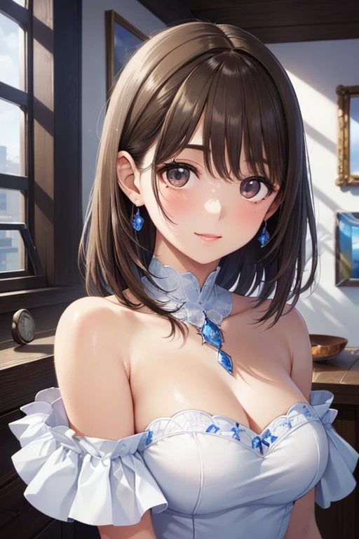 ((highest quality)),(ultra high resolution),(Super detailed),(detailed description),((best CG)),(best work of art),super precision art,amazing drawing art,(Art with precise details:1.5), (adult women:1.6),(beautiful and well-shaped face:1.5),(big breasts:1.7),(大きな胸をtableに乗せる:1.6),(Short hair detailed and detailed:1.6),(sleeveless shirt:1.7),earrings, table:1.4,vase