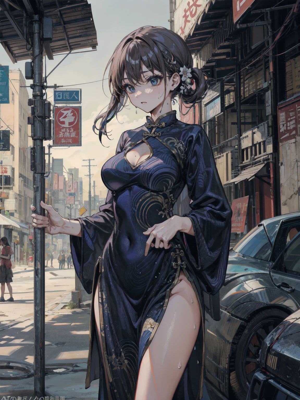 top-quality、Full limbs、complete fingers、((one beautiful women))、Beautiful woman、Shorthair woman、poneyTail、Woman with dark hair、((light blue cheongsam leotard:1.3))、Chinese pattern leotard、((Brown panty1.2))、A big smile、Chinatown streetscape、Rear view、Composition seen from behind