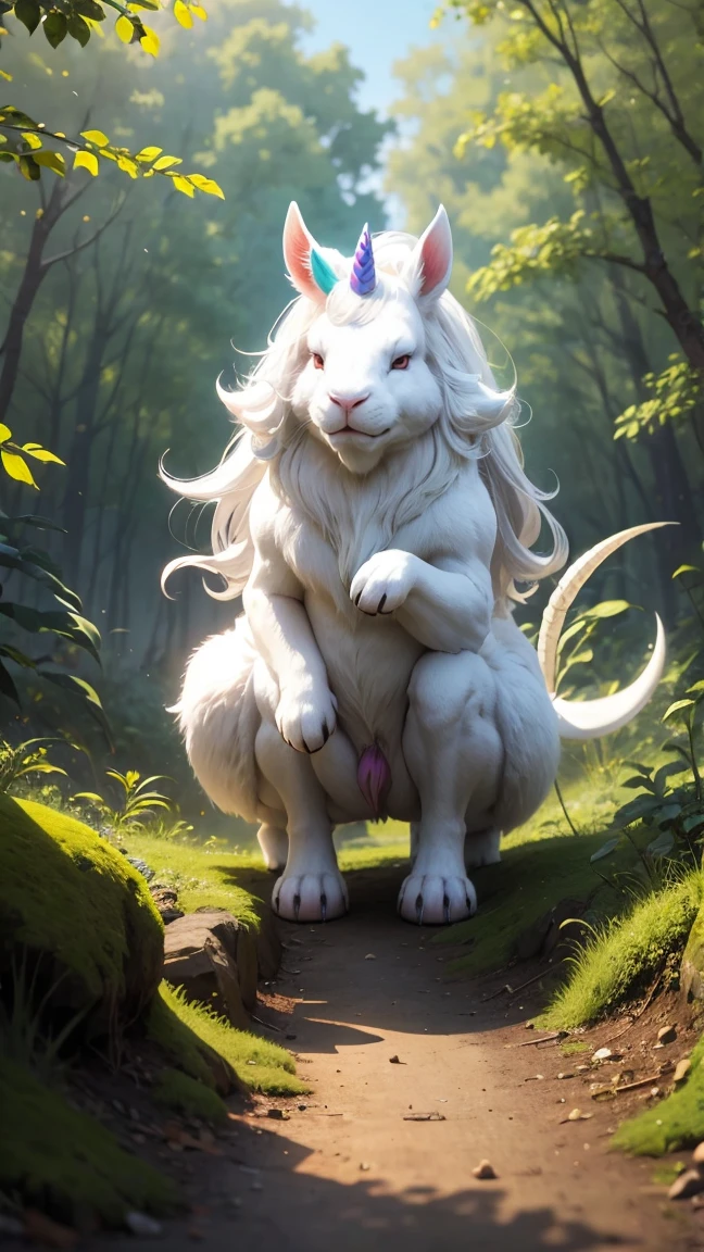 ultra-detailed, masterpiece, masterwork, high quality, best quality, hdr, (nature), nsfw, male, solo, dragon, ((nude)), (little white body minotaur), chibi, (long silver hair, yellow eyes), sitting, dynamic angle, (micropenis, foreskin, perfect balls), public hair