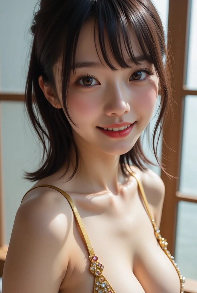 Highest quality, masterpiece, Ultra-high resolution,8k, (Realistic:1.6), (Close-up portrait:1.4) RAW Photos,((Smiling with teeth showing))、 ((Nipple erection)),((UNIQLO Bra Top,Pleated mini skirt)),((Nipples seem to be visible)),((Full body photo)),1 person,Omotesando,A slim 26-year-old adult woman ,((Flash Gold Hair Top Ponytail)),((Looking up at the audience)),Face Focus:1.4,((Shooting from above with a fisheye lens:1.4)),