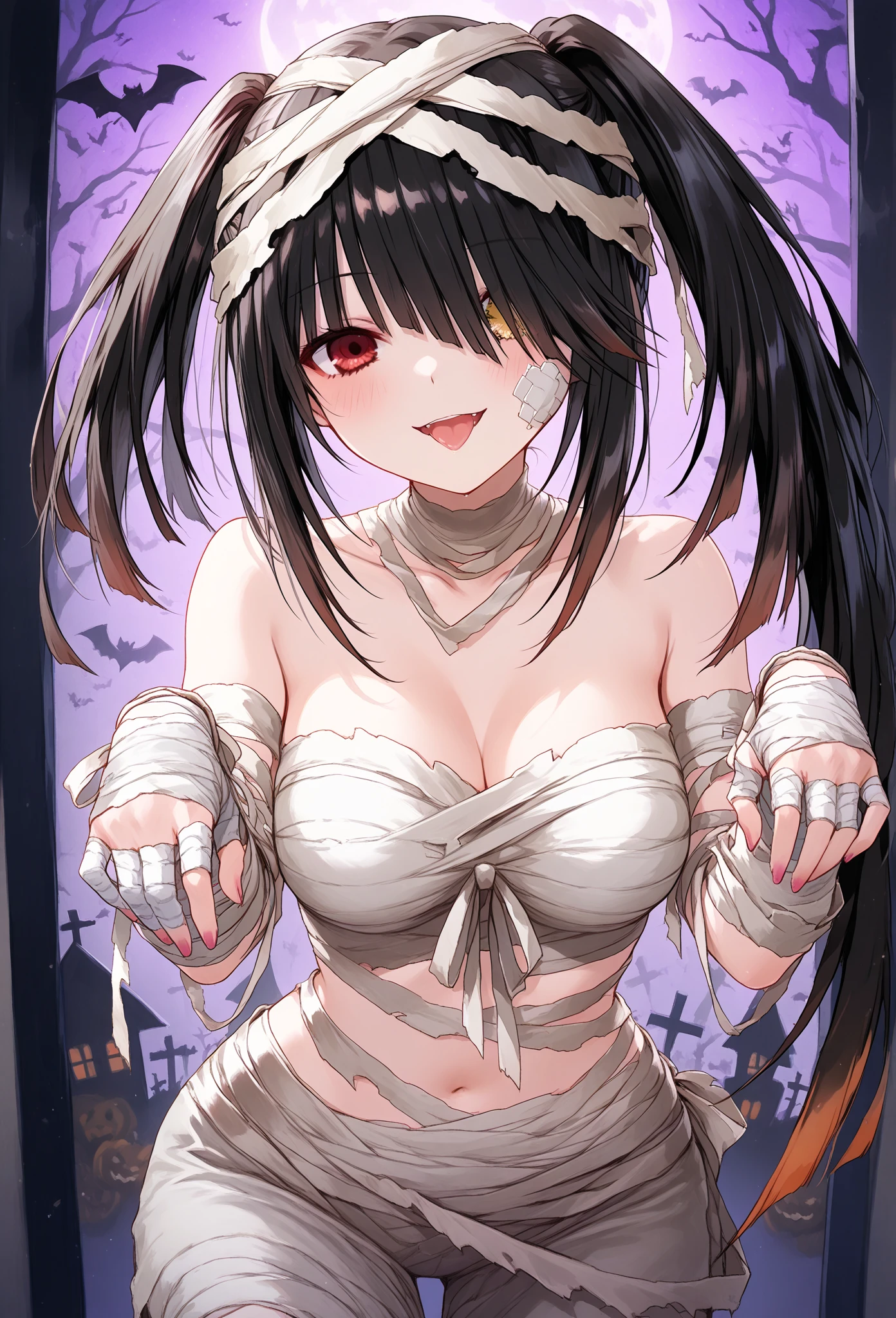 score_9、score_8_up、score_7_up、score_6_up、source_アニメ、、Twi、One girl、Rio(Blue Archive)、chest、solo、Red eyes、Black Hair、Halo、Long Hair、?、White background、大きなchest、bandage、Simple Background、hair ornaments、belly button、Jacket、Mummy costume、Halloweenの衣装、Staring at the audience、黒いJacket、Open clothes、Bright pupils、Barrette、Long sleeve、White pupil、開いたJacket、Halloween、非常にLong Hair、巨大なchest
