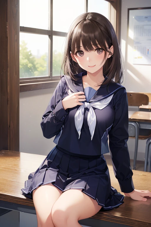 (8k、Top Quality、masterpiece:1.2)、(Realistic、Super Detailed、super A high resolution、beautiful detailed faces,Group Selfies -,(1girl,Black Long Hair),(School Uniform,Sailor Suit,purple shirt,Navy Skirt,white tie),Sit at a desk,knee to chest,Chest,side in the double,throw,weapons,, ,( masterpiece, best quality, high resolution, ultra high resolution, pixel perfect, depth of field, 4K, RTTX10.0), 、Anegasaki Nene, shiny brown hair, beautiful brown eyes, smiling face, sparkling pupils, (fine grain), , highly detailed face,, (masterpiece:1.2, best quality), ((only1 girl)), ((cowboy shot:1.5))