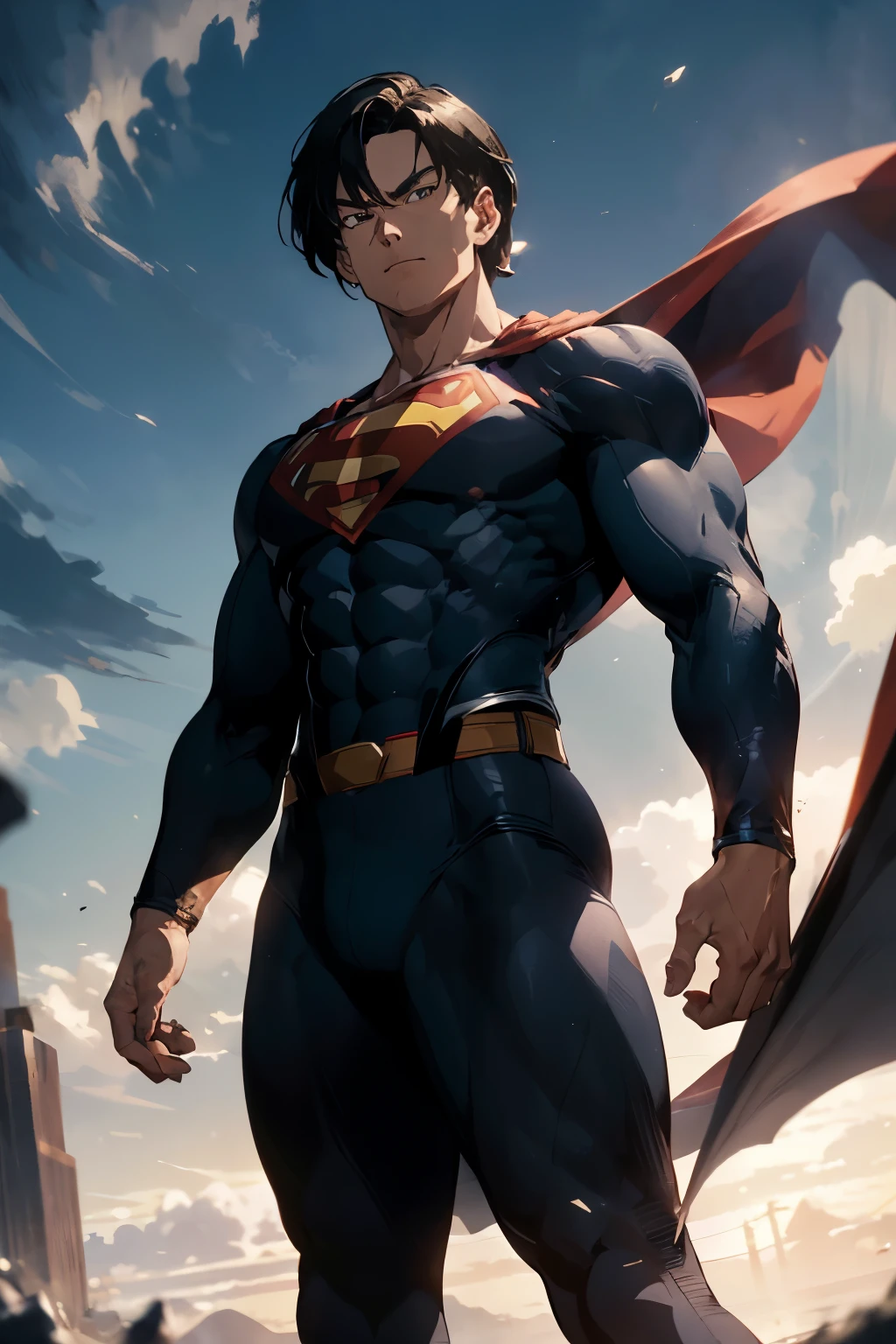 1 man, superhero,Superman,black hair, short hair, blue eyes, detailed eyes,Alone focus, simple background, male focus, Alone, standing, sung Jin-Woo, portrait,, (artwork:1.0), ( Best quality:1.0), (8K wallpaper:1.0), (detailed beautiful face:1.0), (detailed Deep eyes), Deep eyes,looking at the viewer,