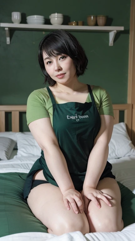 Japanese woman,Beautiful,40 years old,thick bodied,white skin yakuza tattoos,big chested,big ass,thick thighs,expression of lust,black hair color in bun,brown eye color,dressed as a nurse,full body photo distance,dynamic point of view,wide open leg pose,hospital room location,dim light,photo realism style