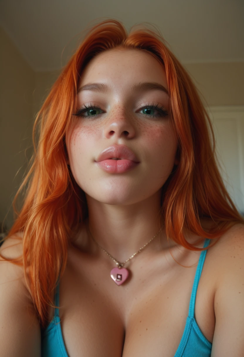 tiny ULTRA REALISTIC, cute girl, cute face, big green eyes, full lips, long orange red hair pink lock, skinny, huge breast, Extra huge ASS, thick thighs, pale skin, a lot of freckles, TINNY WAIST. Close-up face suck dick