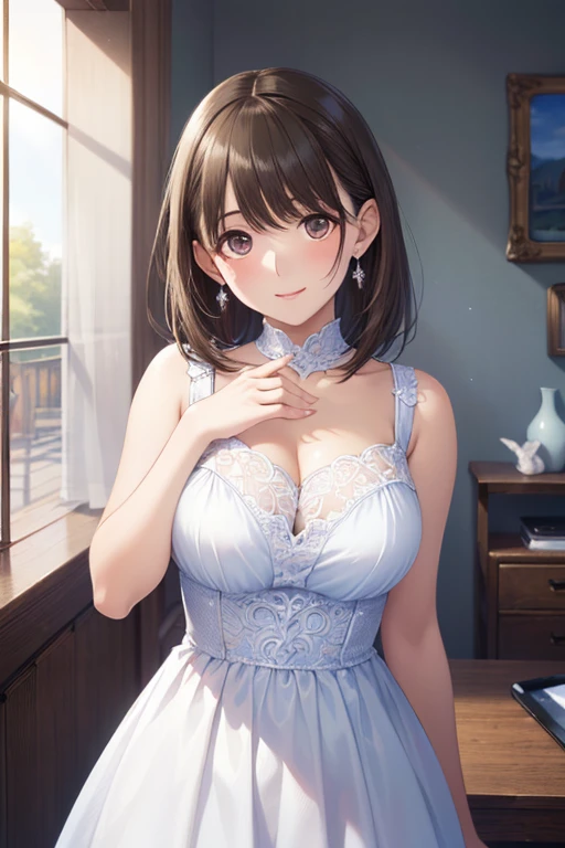 ((Top quality)),(Ultra high resolution),(SUPER DETAIL),(detailed description),(( best CG )),(best works of art on the Moon), Ultra Precision Art ,amazing painting art,(Finely detailed art:1.5), portrait:1.6,Bust Shots:1.4,(1 Woman:1.5),beautiful and well-groomed face:1.5,(Dress:1.5),, ,( masterpiece, best quality, high resolution, ultra high resolution, pixel perfect, depth of field, 4K, RTTX10.0), 、Anegasaki Nene, shiny brown hair, beautiful brown eyes, smiling face, sparkling pupils, (fine grain), , highly detailed face,, (masterpiece:1.2, best quality), ((only1 girl)), ((cowboy shot:1.5))