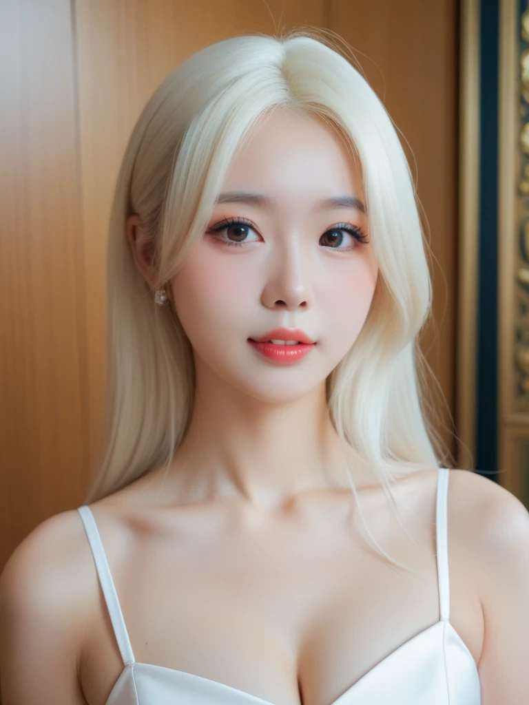 (realistic、masterpiece、Best Quality、8K、highres、high resolution:1.3)、1 girl、Huge breasts、white bikini、pale white skin、looking at viewers、super fine face and eyes、long blonde hair、indoor、 upper body、