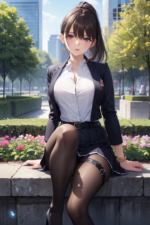high-definition full-color images, atmospheric perspective, 8k, super detail, accurate, best quality, angle from below, a woman, ((realistic skin)), drooping eyes, ecstasy, sleepy, slender face, small eyes, (((straddle to hit her panties for masturbation against an aluminum bollard that was installed on the sidewalk))), (outside of downtown area), tiny earrings, (work clothes, unbuttoned suit jacket, thin blouse, skirt, thigh-high stocking, id card), (open legs), (((swollen areolas are visible through the blouse))),