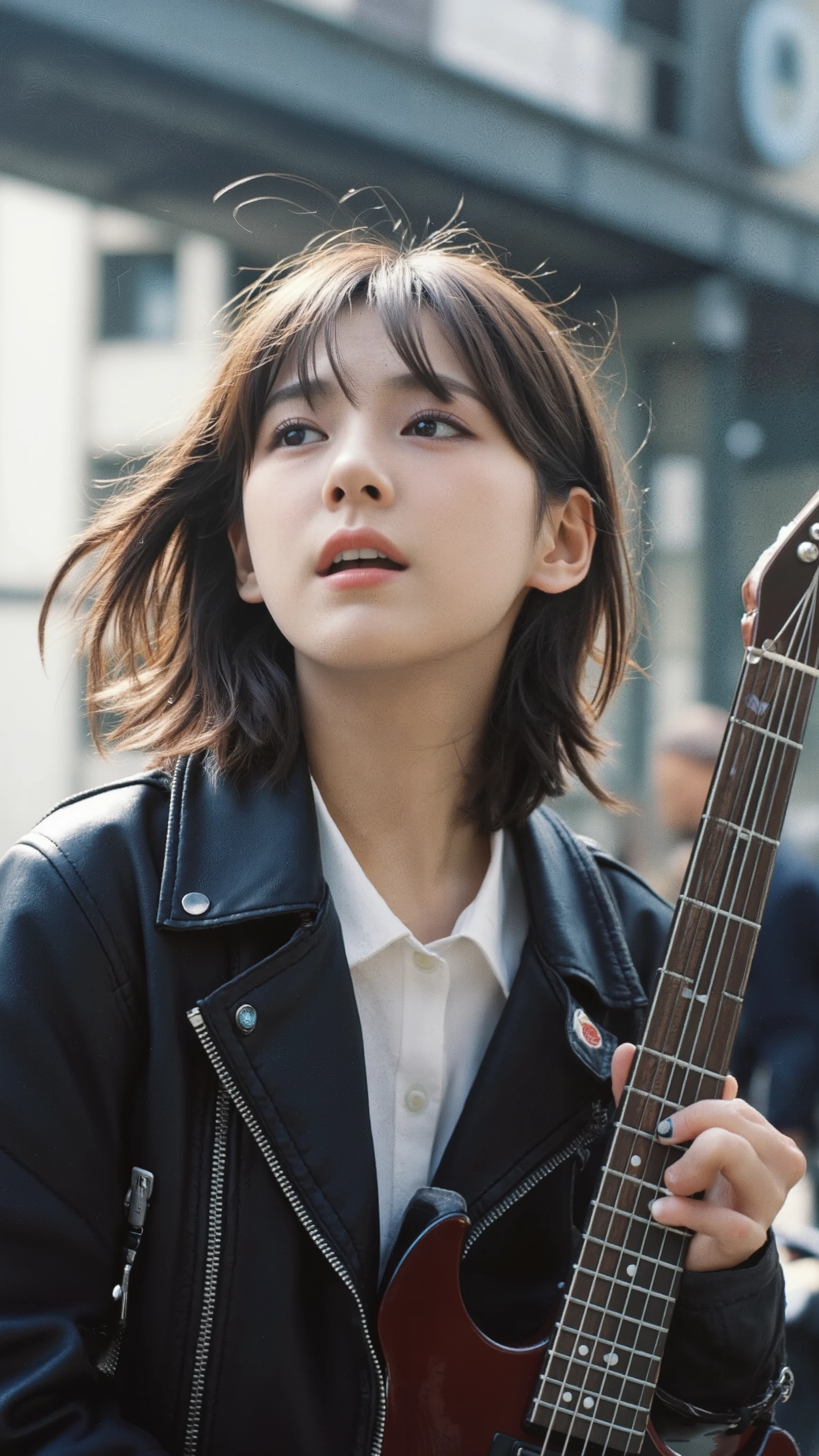 photorealistic, ultra-detailed, cinematic lighting, (hair with blue inner color), ((very very short hair:1.5, Cecil cut:1.5)), (boyish style:1.3), (view from below:1.5), (Tokyo street, street performance, singing passionately), ((band girl, leather jacket, mini skirt, guitar)), perfect eye details, flawless outfit, (white skin), energetic crowd, enthusiastic atmosphere, shallow depth of field, realistic textures