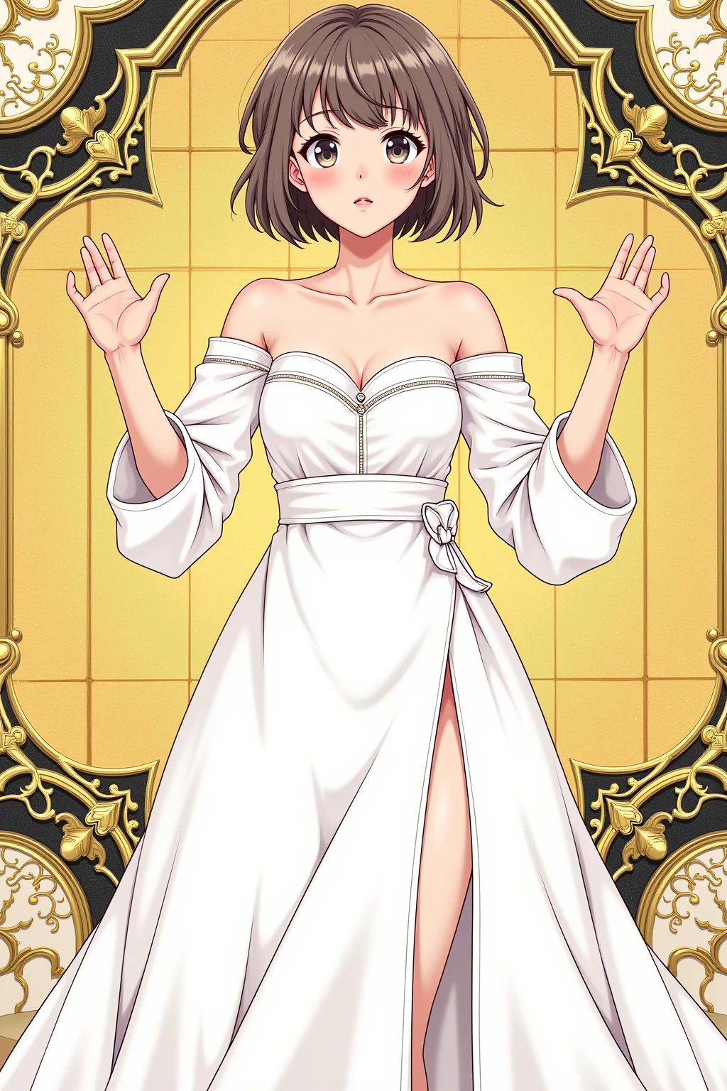 best quality,masterpiece,1girl,solo,(((9years old))),japanese girl,an extremely cute and beautiful girl,highly detailed beautiful face and eyes,petit,cute face,lovely face,baby face,shy smile,show teeth,black hair,medium short hair,flat chest,Hairless pussy,nipples sticking out on the dress,no bra,no panties,skinny,slender,(((wearing a white Transparent mini wedding dress))),(((standing in a church))),she is looking at the viewer,(((lift your clothes above the waist))),((open your legs)),(((show your pussy to viewer))),((NFSW))