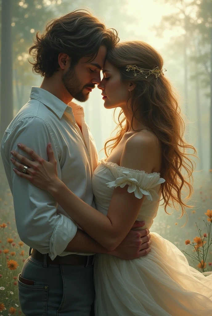 A beautiful moon goddess style woman with strawberry gold blonde hair, He is wearing a large worn-out dress-type shirt. He is wearing his partner's clothes. He is an extremely handsome man with a defined body, green eyes, short wavy black hair and is wearing elegant clothes. He is protective and dominant. He is an alpha wolf. ,(werewolf) and she is smelling his chest lovingly missing him madly she is smelling his chest they are standing she is smelling his chest