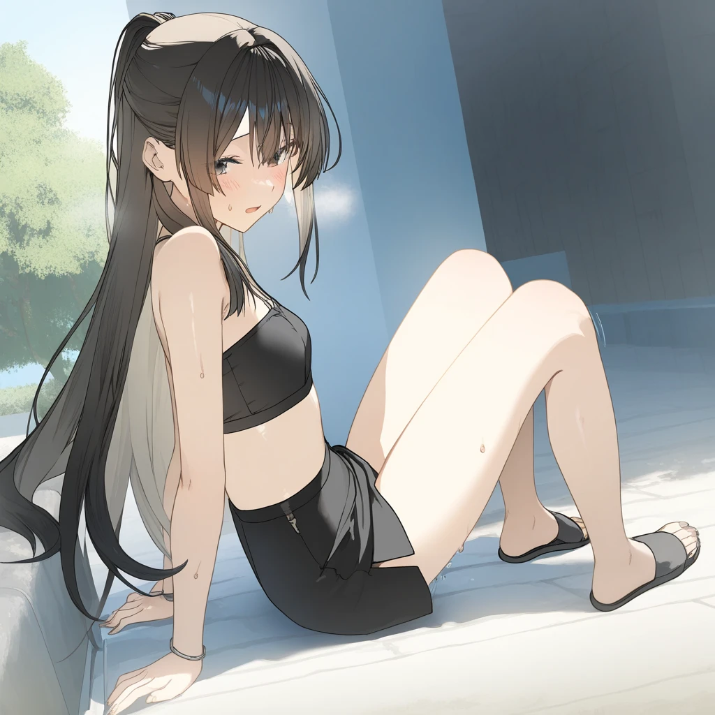 animification,female , mini skirt, bare top, long hair, black hair, bare feet, front view, shrine