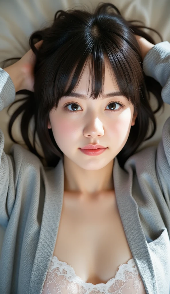 masterpiece, highest quality, 8k, 20th Generation, Large Breasts, cute, alone, sad, cute, girly, Delicate girl, Pure beauty, RAW Photos, Professional photography, Portraiture, Soft Light, Professional Lighting, Backlight, Upper Body, avert your eyes, Sophisticated, Film Grain, (Eye and facial details:1.0), floating short hair, beautiful, Flowing Hair, bangs, (Cardigan on the skin(Dusty Pink))、(Large Breasts:1.2)、I can see your chest、Odd Eye、Heterochromia iridis、Heavy dolly make-up
