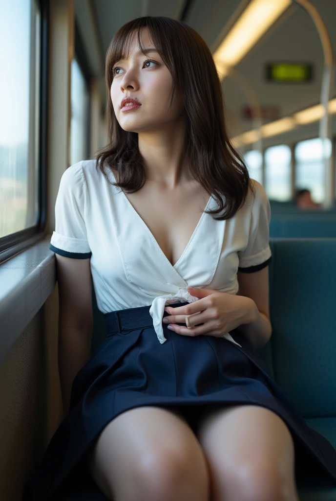 Instagram photo, full body shot, beautiful girl (sitting on a chair with legs spread), 18 years old, slender face, unique beauty, very slim figure, top model, thick botox lips, big eyes, high nose, combed back hair, short hair style, black hair, thin waist, thigh gap, perfect round figure, perfect beautiful legs, nobility,, casual skirt, unbuttoned shirt, deep cleavage, beautiful legs, knee-high socks, (angelic face), train station, high quality picture, high detail, (masterpiece), Sony A00 with 16-50mm lens / 3.5-5.6 lens, balanced lighting, lifestyle photography bokeh, motion blur, nudity