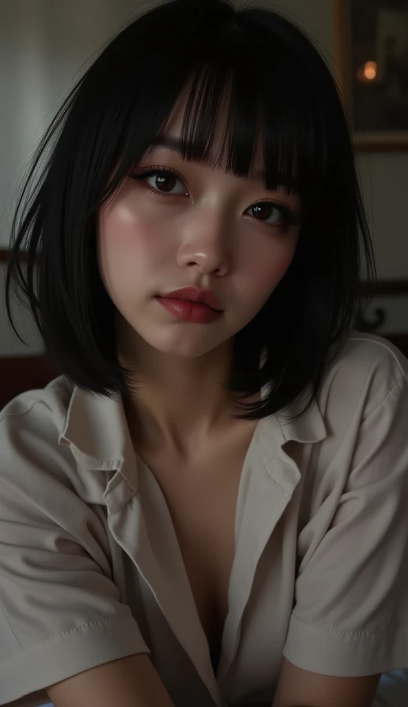 a short bob、A dark-haired、full body Esbian、in her 20s、inside in room、