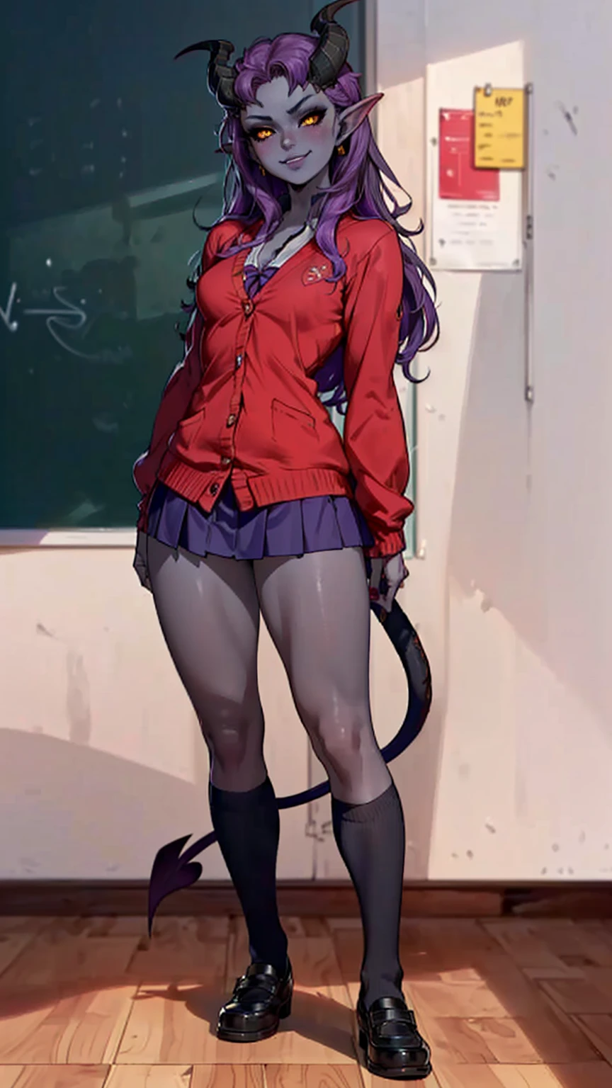 ((shiny eyes, 1girl, milf, standing, sexy pose, ((BGAlfira, long hair, magenta hair, yellow eyes, horns, demon girl, gray skin, purple skin, devil tail, small bust, small breasts)), perfect face, sharp focus, professional artwork, intricate details)), ((fitness,, shapely body, athletic body, toned body)), (((Cute High School Girl, full body, gyaru, gal schoolgirl, smug, classroom, skirt, red cardigan, school uniform, tiefling)))