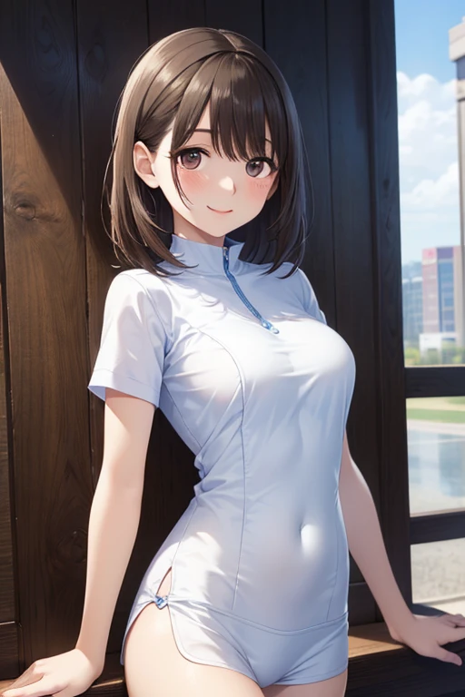 1girl, solo, tennis wear, white polo shirt, white sneakers, white miniskirt, masterpiece, best quality, realistic, hyper-detailed, slender, (shiny skin, sweaty:1.4), absurd, looking at viewer, short twintail, black hair, brown eyes, dynamic lighting, high resolution, sharp focus, depth of field, detailed eyes, sharp pupils, realistic pupils, (small breasts:1.3), (thick thighs:1.1), outdoor, sky