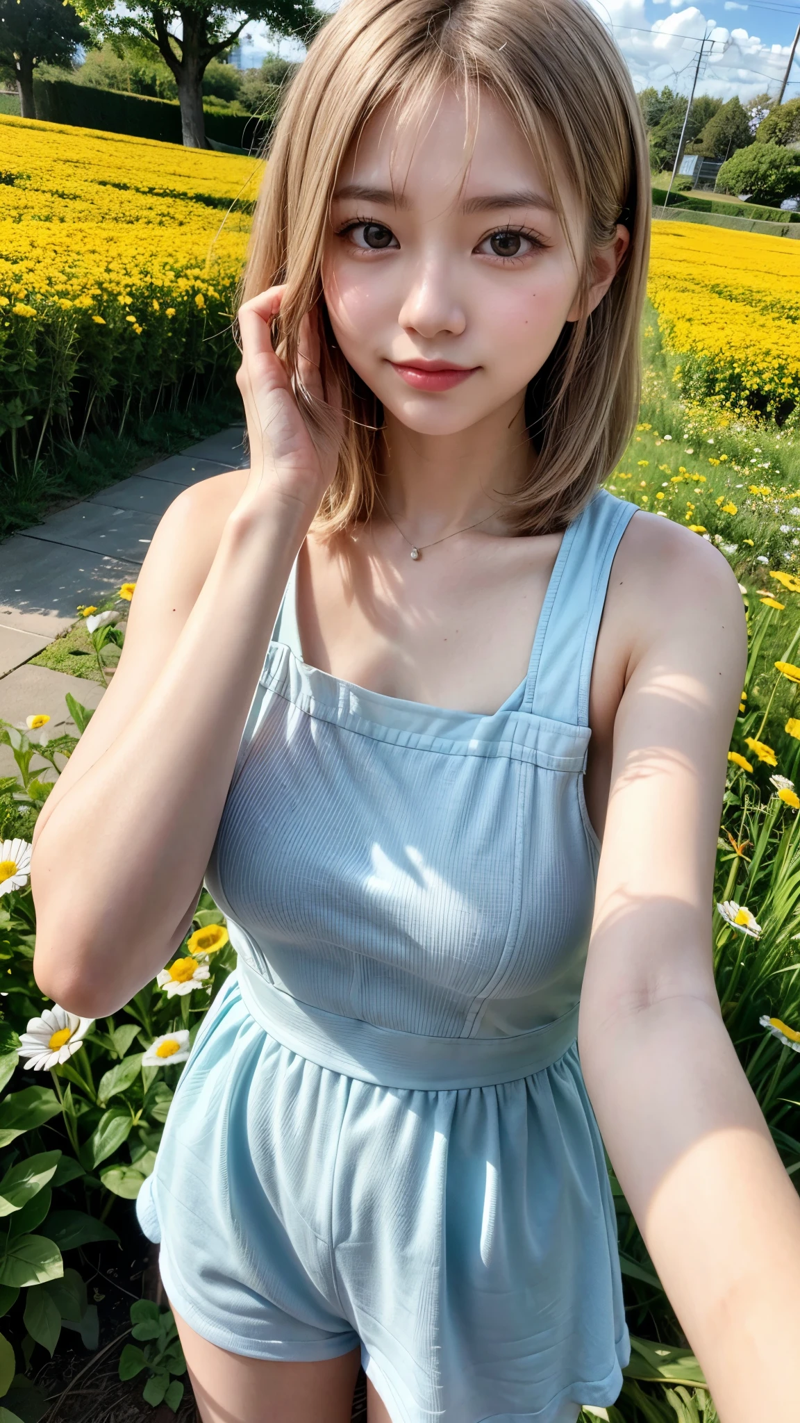 (8k, foto RAW, melhor qualidade, obra-prima: 1.2), (realista, foto-realista: 1.37), ultra-detalhado, 1 girl, sentado, (nariz corado), (sorriso: 1.1), middlebreasts, belos olhos detalhados, gravata borboleta, saia plissada, cabelo longo, muito charmosa com seu kakapo curtindo um lindo passeio de primavera cercada por girassois.