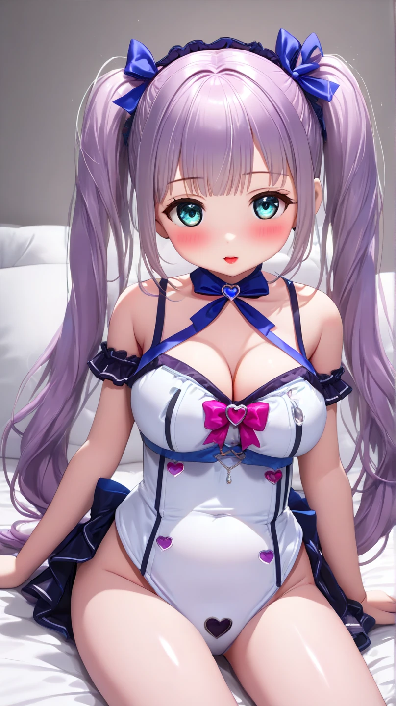 woman、14 years old、Light purple long twin tails、Brown skin、Height: 145cm、Bust 98cm、Waist 72cm、Hips 88cm、The eyes are slightly hanging、Sexy pink sheer panties、Red Garter Belt、Red Stockings、She has her tongue out with an ecstatic look on her face, feeling pleasured.