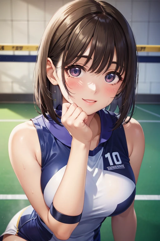 1senhora solo, /(Uniforme de Voleibol/), /(Cabelos loiros/) franja, corar leve sorriso, (obra-prima de melhor qualidade:1.2) Ultra-detailed delicate illustration, seios grandes BREAK /(volleyball court