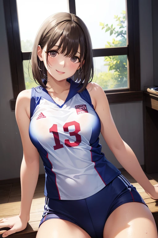 Girl in volleyball uniform, short hair,Put your hair on your ears,Black Hair,(smile),Inside the room, summer,bed,Sit down,small bulge in the chest,,Look at this,transparent, (masterpiece, Highest quality), Soft Light, Structure of the film, Information like a movie
