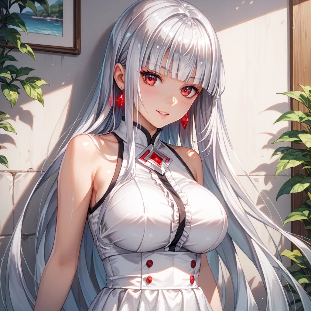 Close-up of a girl with white hair and pink shirt, her hair is white, Anime Girls Cosplay, real life anime girls, perfect white haired girl, inspired by anime, anime cosplay, long white hair, anime atmosphere, white hair girl, Belle Defin, Long white hair and bangs, Ruan cute vtuber ，Super big breasts，exposed