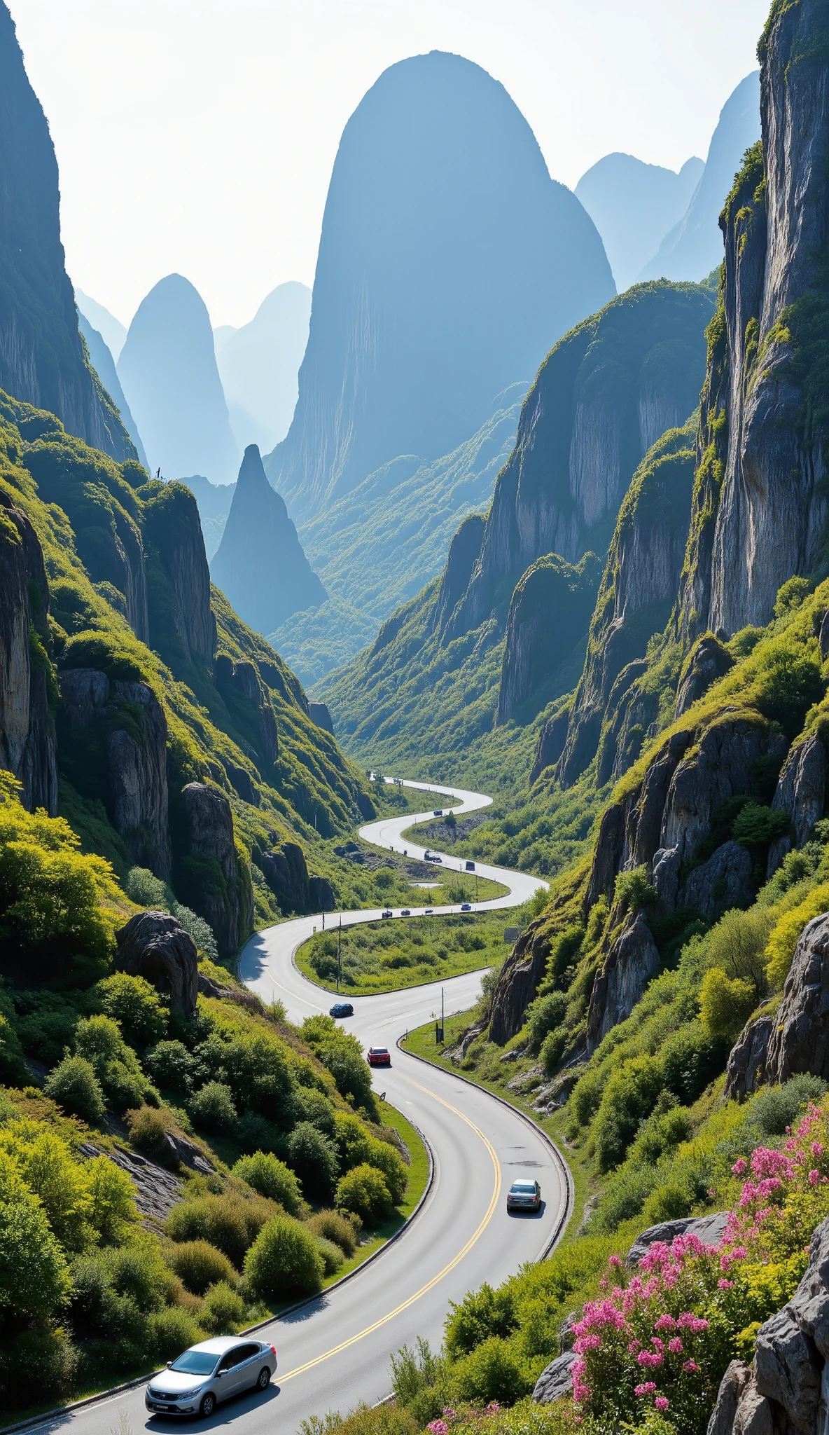 masterpiece、Best Quality Picture、World Heritage Sites in China(Wulingyuan)のmasterpiece、Rockと緑のアート、Cars are driving on a winding road that overlaps、detailsなCG統一8K壁紙、 Scenery、Outdoors、Clear Sky、 Scenery、Rock、tree、色とりどりのFlower、Cliff 、nature、details、high resolution、Flower、 Color Difference、photorealism、湖南省Wulingyuanの非常にdetails、