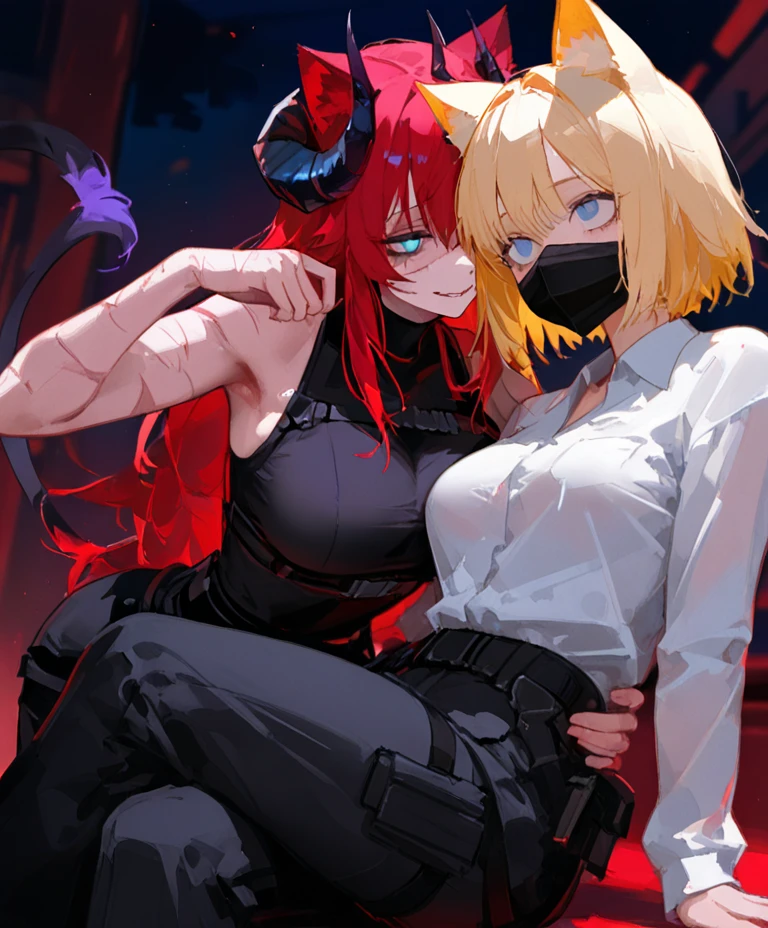 (2 Cyberpunk Demon waifus), (high resolution), (high res), 2 women, great quality, (2 mature women), (pair of women), very angry faces, long fangs, diamond faces, perfect eyes, (demon tail), (wings), strong shadows, (neon light), neon, detailed faces, sparks, gargolyes background, hell, night, (attacking), detailed abs, scars, shinying eyes, war pose, long claws, (masterpiece), direct light, underlight, strong jaw, golden sky, large boobs, (Demonic queens), (lewd armor), (skimpy) massive ass, thick thighs, long torso, wide waist, skinny torso, fit, perfect face, (skimpy armor), (colorful vibrant light), futuristic, sexy, (blushing), hot and bothered